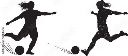 Female soccer players kicking balls football, soccer, football, female, players, kicking, ball, action, sport, athletic, silhouette, black, white, movement, dynamic, competition, game, team, outdoor, 