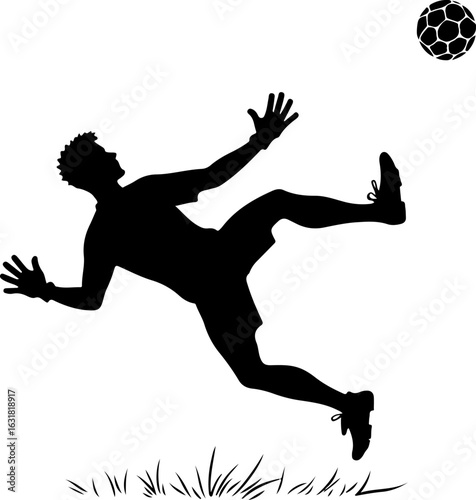 Silhouette of a Soccer Player Jumping to Hit the Ball