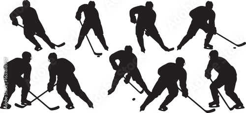 Hockey players skating with sticks and puck vector, hockey, players, skating, sticks, puck, sport, action, ice, game, competition, athletes, equipment, silhouette, black, white, dynamic, movement, tea