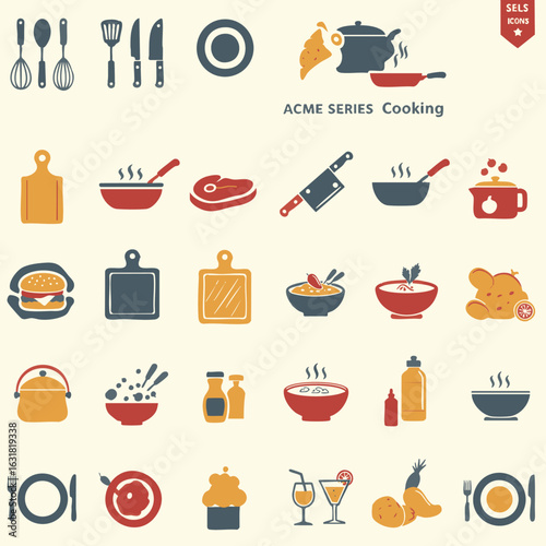 Cooking and kitchen vector icon set. Food preparation, utensils, meals, and restaurant symbols collection for graphic design.
