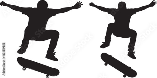Silhouette skateboarders performing aerial tricks skateboarding, skateboarder, silhouette, skateboarding, action, trick, jump, aerial, sport, extreme, dynamic, motion, black, white, graphic, illustrat