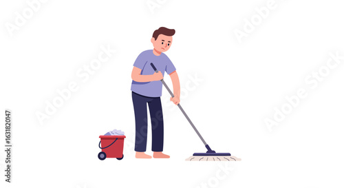 Young man cleaning the house, mopping the floor with a bucket of soapy water. Isolated vector character illustration of household chores.