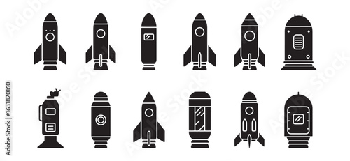 Black and white vector illustrations of modern space rockets and futuristic vessels