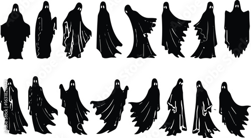 Ghost silhouette vector collection, spooky haunted spirit figures, floating phantom clipart, Halloween horror element, scary costume illustration, black spooky design