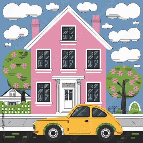 Colorful vector house with yellow car and flowering tree – Perfect for children's media, urban design concepts, or playful branding