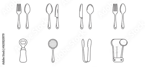 Simple outlined illustrations of various kitchen utensils including cutlery and kitchen tools
