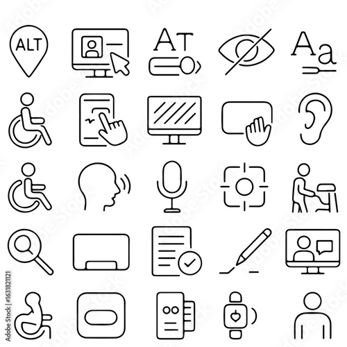 A comprehensive set of accessibility icons designed in a minimalist black-line style, encompassing various aspects of usability for those with disabilities.