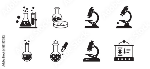 Minimalist vector illustrations of scientific lab equipment for biology and chemical experiments