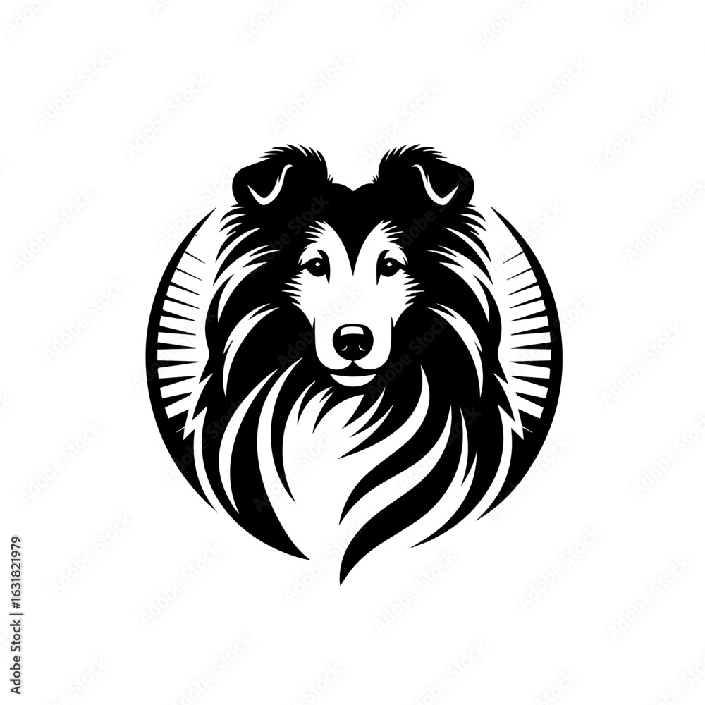 Fototapeta premium Vector art of sheltie dog head isolated on white background in black and white design