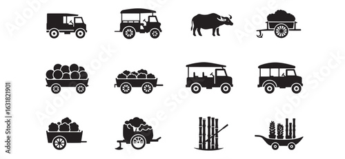 Farm vehicles and agricultural elements illustrated in black and white silhouettes