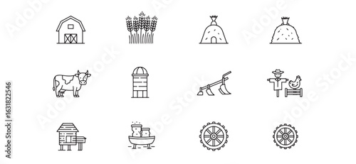 Set of minimalist farm icons depicting agriculture farming and rural country life