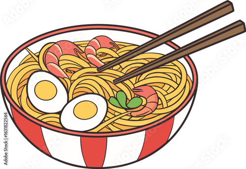 Delicious noodle bowl with shrimp boiled eggs and wooden chopsticks, vector illustration