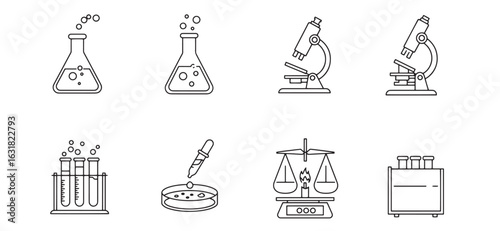 Simple outline illustrations of laboratory equipment for science and research experiments