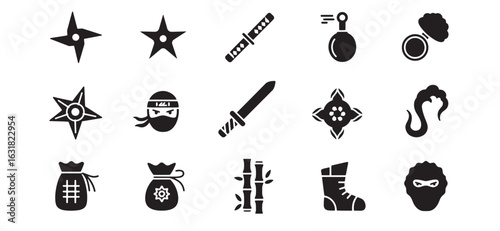 Vector illustration of ninja icons and symbols with various japanese culture elements