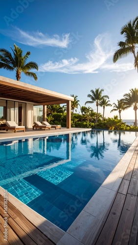 Tranquil poolside scene  modern architecture  palm trees  ocean view