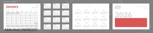 2026 Calendar Planner Set of Template grid Monthly Page, Cover with Place for Photo, Company Logo, Annual 2027. Vector layout of wall or desk organizer calend with week start Monday in print. Pages A4