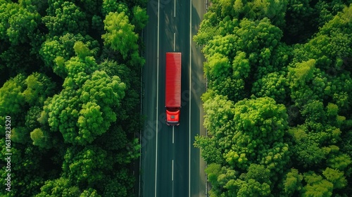 Wallpaper Mural Aerial perspective of a red semi-truck traveling through a dense green forest landscape Torontodigital.ca