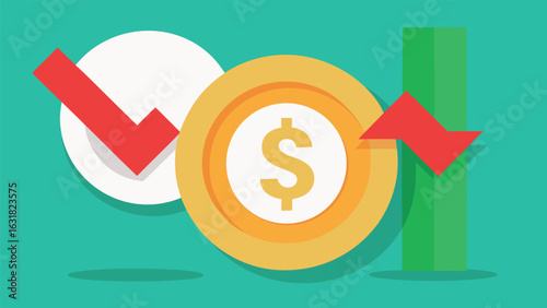 Vector art of financial downturn with falling dollar coin and red arrow