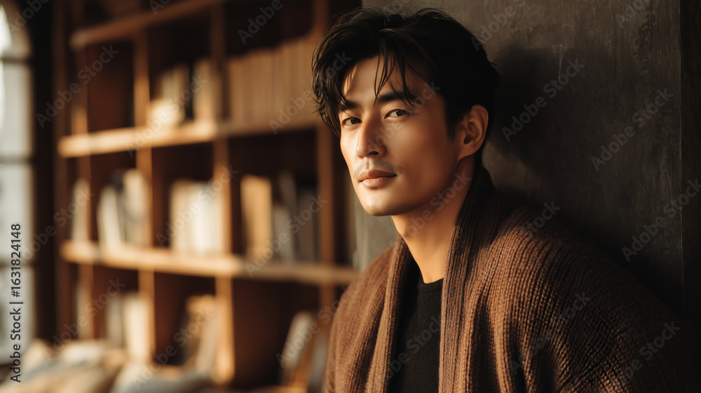 Obraz premium A young East Asian man in a stylish, comfortable cardigan is leaning against a bookshelf in a cozy, sunlit room, looking thoughtfully out of the frame.