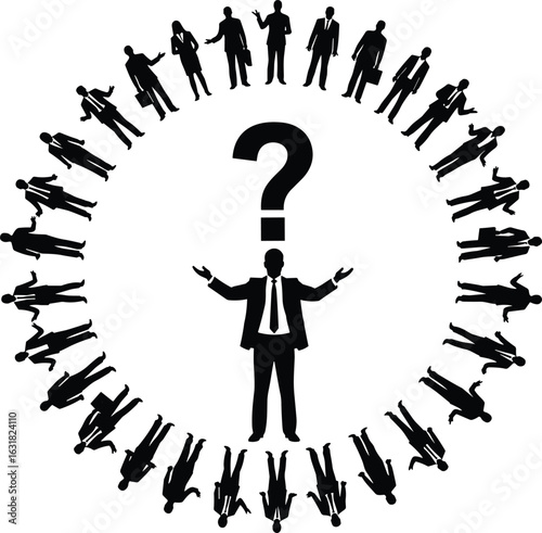 Business decision concept silhouette, confused businessman with question mark, corporate team uncertainty, problem solving, leadership challenge vector illustration, thinking strategy icon