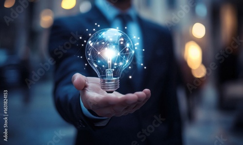 Fototapeta Naklejka Na Ścianę i Meble -  A person stands in a city street with a light bulb in hand. The bulb appears to glow with small sparks. Buildings and lights can be seen in the background at dusk