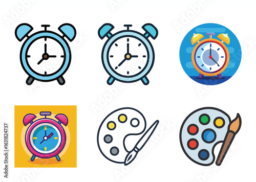 Cartoon style compilation of clock and Bundle art palette icons on white background