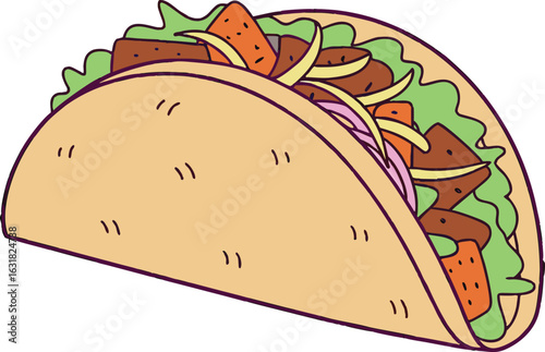 Whimsical hand drawn taco filled with meat and vegetables illustration, vector illustration