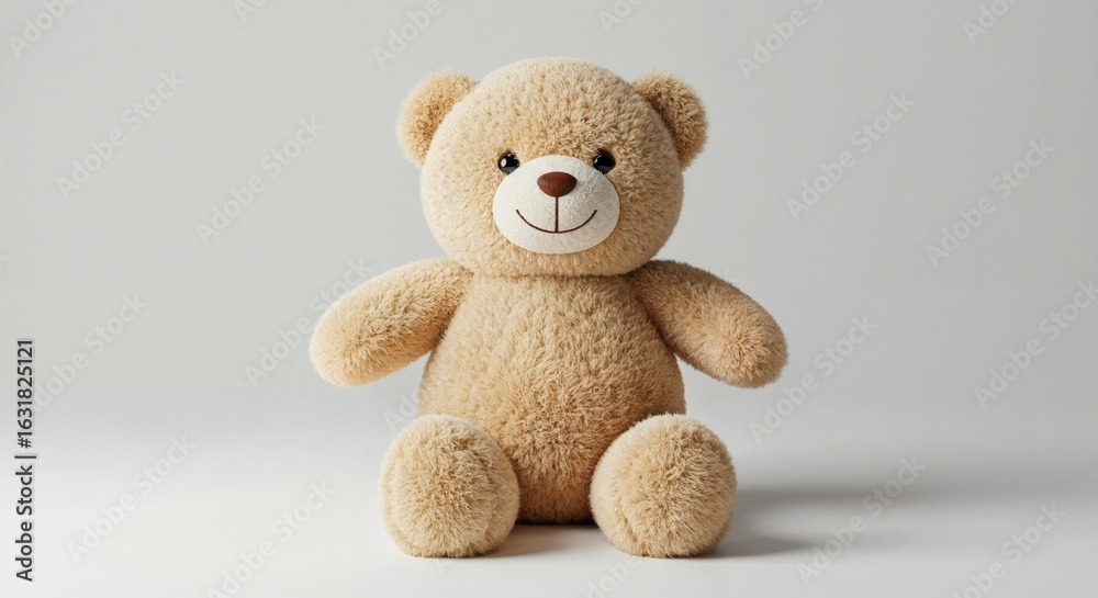 Obraz premium Cute and Fluffy Teddy Bear Sitting on Plain Background for Children’s Decor and Gifts