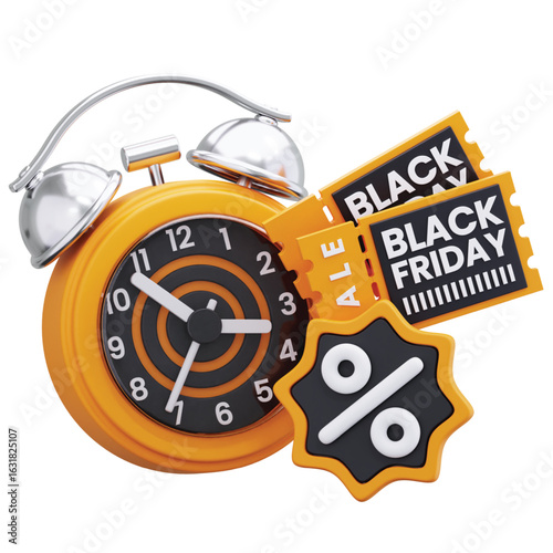 Black Friday shopping event concept. 3D rendering of an alarm clock, sale tickets, and a discount percentage symbol for a limited time offer.