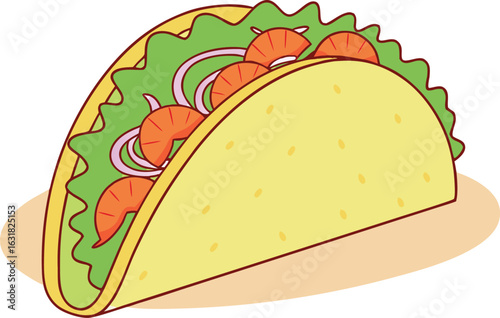 Cartoon taco shell with lettuce onion and shrimp fillings inside, vector illustration