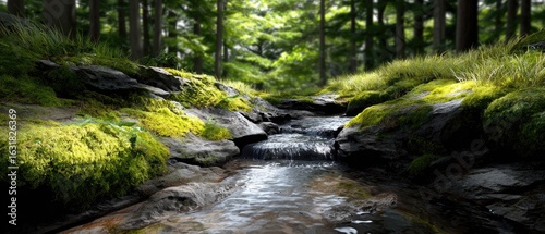 A serene forest scene featuring a gentle stream flowing over mossy rocks surrounded by lush greenery.
