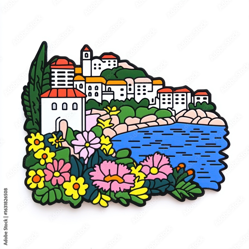 Fototapeta premium Colorful Illustration of Scenic Seaside Village with Flowers and Landscape