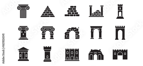 Black silhouette ancient architecture elements including columns, towers and monuments set