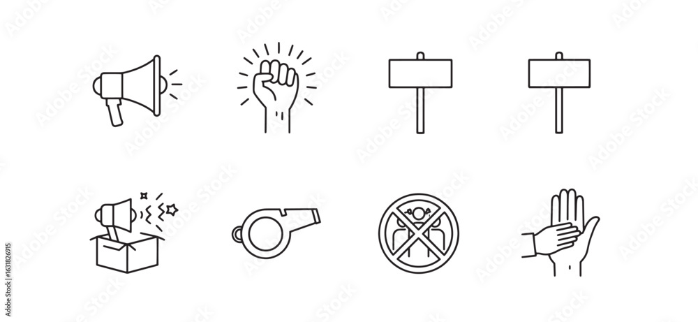 Naklejka premium Collection of protest and social activism icon outlines on white background