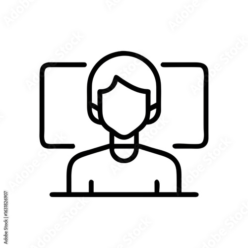 User profile icon with headset and screen frames in minimal line style – customer support agent, call center representative, online help desk, virtual assistance, and remote service vector
