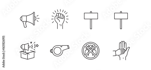 Collection of protest and social activism icon outlines on white background