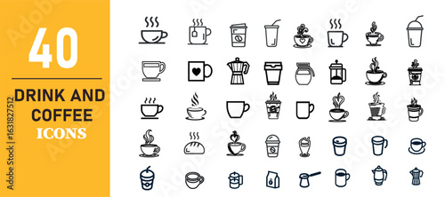 40 Drink and Coffee Icons – Line Style Beverage and Cafe Symbol Set for Menus, Apps, and Branding

