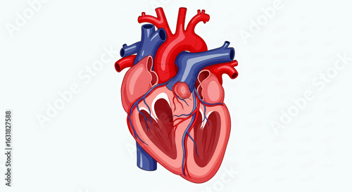 Anatomical cross-section of the human heart, a detailed medical illustration showing its chambers, valves, and major vessels.