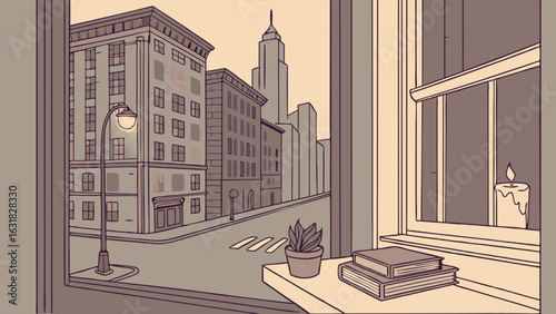 Cityscape View from Window with Books Plant and Candle.