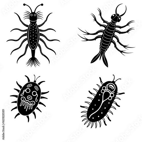 A set of four stylized black insects with multiple legs and antennae in various shapes and sizes design