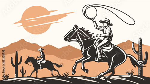 Cowboy Lassoing on Horseback in Desert Landscape.