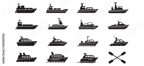 Collection of silhouetted boats and watercraft featuring various vessel types and cross paddles