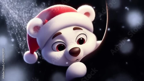 Animation of a cute, adorable 3D cartoon bear with a Santa hat on a snowy background