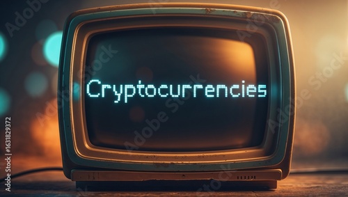 vintage, retro oldschool monitor with text 'cryptocurrencies' displayed