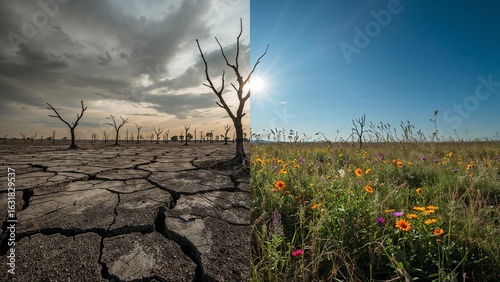 A split image showing a cracked dry landscape and a vibrant field with flowers and blue sky view