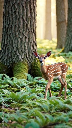 Small deer walking in a forest with lush greenery