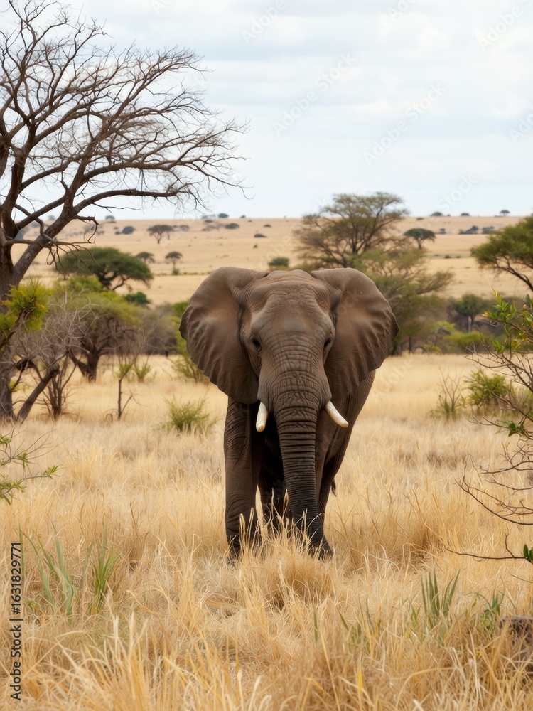 Fototapeta premium Majestic elephant encounter in african savanna wildlife photography natural habitat close-up view conservation awareness