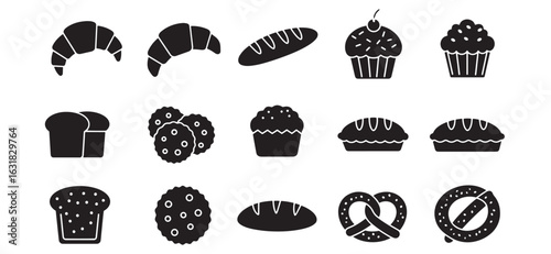 Set of illustrated bakery icons featuring croissants bread muffins cookies and pretzels