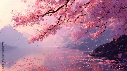 A serene landscape of cherry blossom trees in full bloom, with pink petals falling gently onto the water, creating a tranquil and idyllic scene