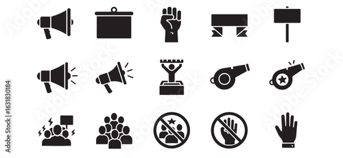 Vector icon set depicting protest activism and public demonstration symbols